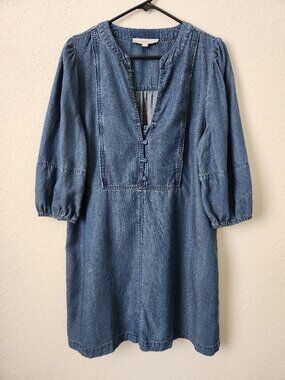 LOFT Denim Chambray Shift Dress V-Neck Puff 3/4 Sleeve Size L